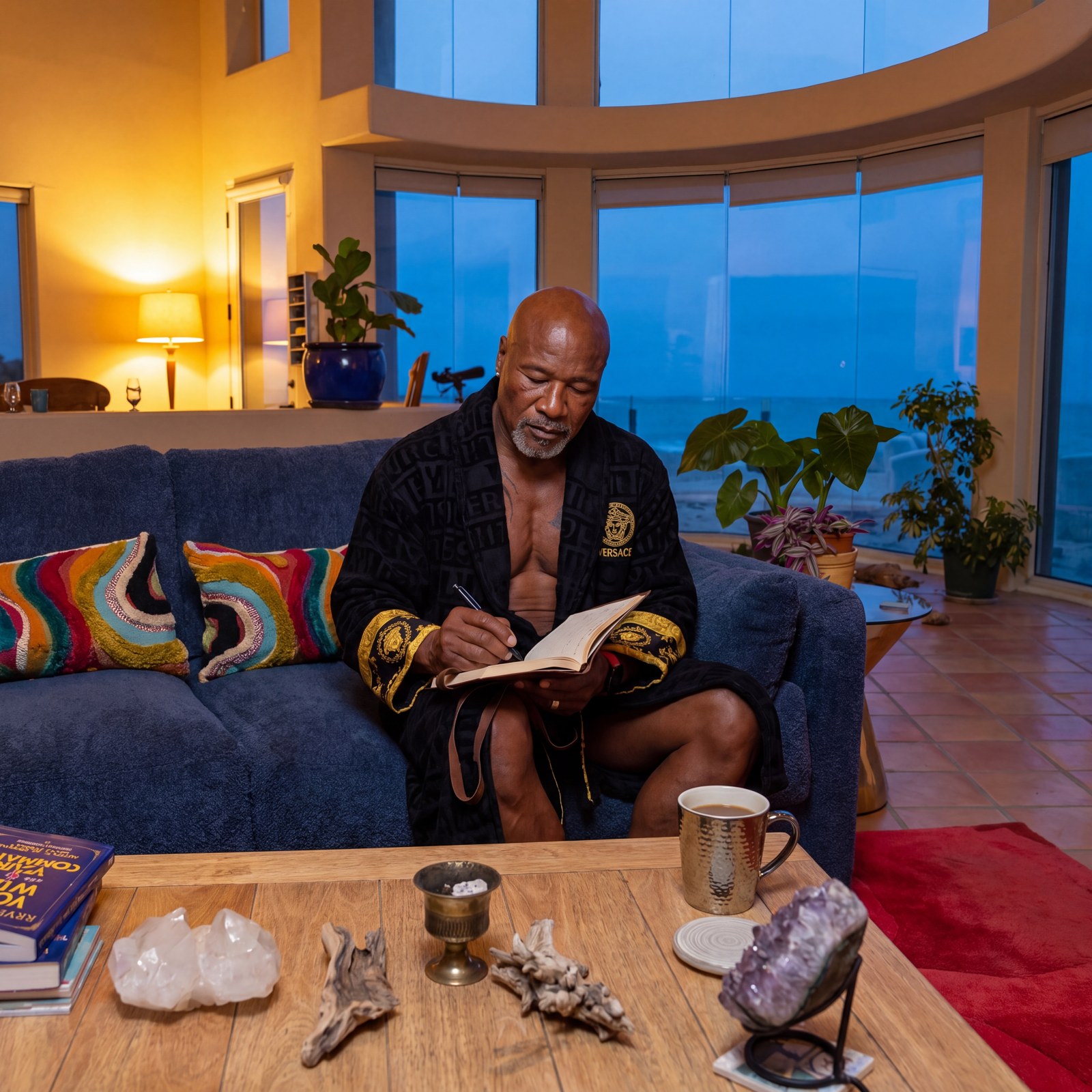Colin journaling at dawn in a black and gold robe, overlooking the ocean — a quiet morning practice
